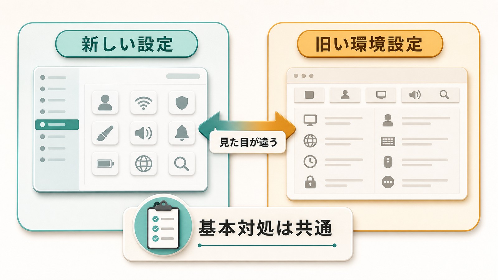 Macのシステム設定とシステム環境設定の名称や画面の違いと基本対処が共通であることを示す図解