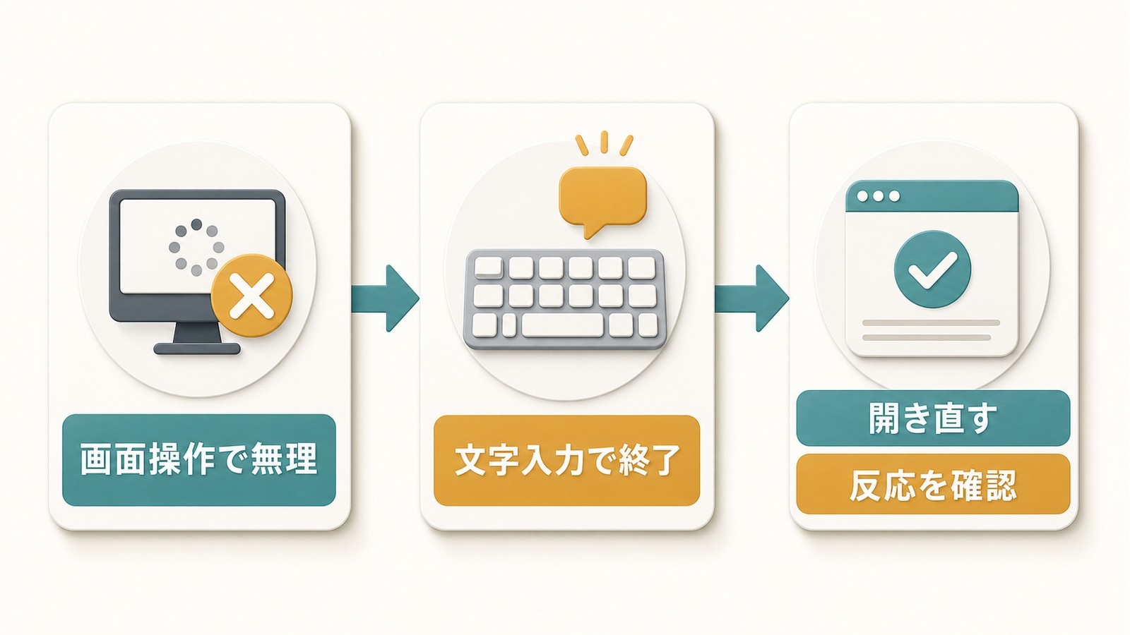 画面操作で閉じられないシステム設定を文字入力で終了し開き直して反応を確認する図解