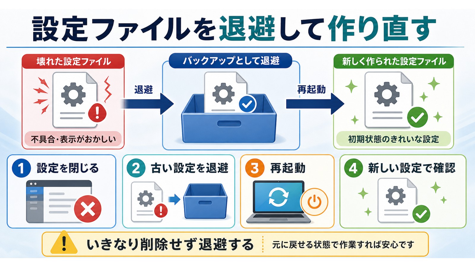 Macのシステム設定が開かない時に設定ファイルを削除せず退避し再起動して新しい設定で確認する図解