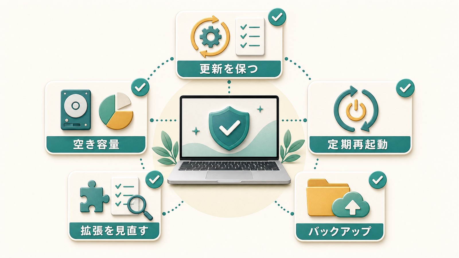 Macのシステム設定トラブルを防ぐために更新空き容量定期再起動拡張見直しバックアップを行う図解