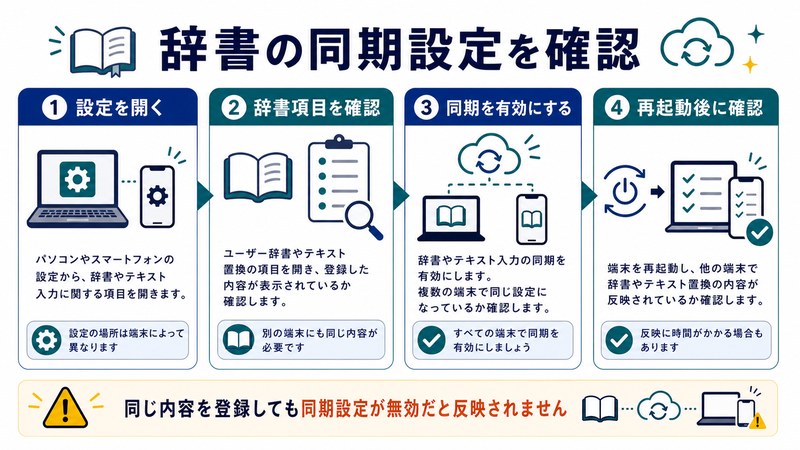 設定を開く、辞書項目確認、同期有効、再起動後確認を整理した日本語図解