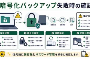 保存情報、保存先、競合確認、初期化前確認を整理した日本語アイキャッチ画像