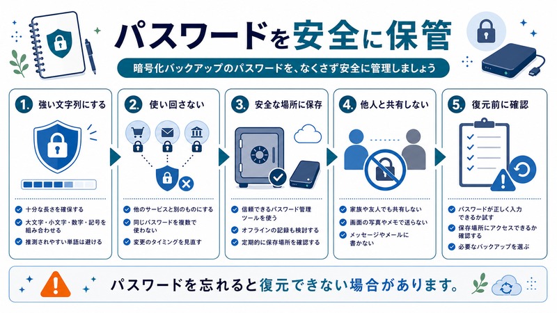 強い文字列、使い回し防止、安全な場所への保存、共有しないこと、復元前確認を整理した日本語図解
