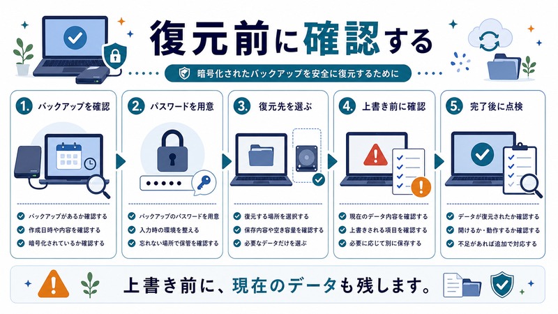 バックアップ、パスワード、復元先、上書き前確認、完了後点検を整理した日本語図解