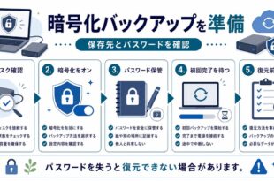暗号化バックアップのディスク確認、暗号化オン、パスワード保管、初回完了、復元前確認を整理した日本語アイキャッチ画像