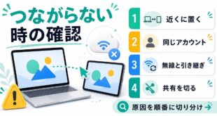 Macのユニバーサルコントロールがつながらない時に距離アカウント無線共有設定を確認するアイキャッチ画像
