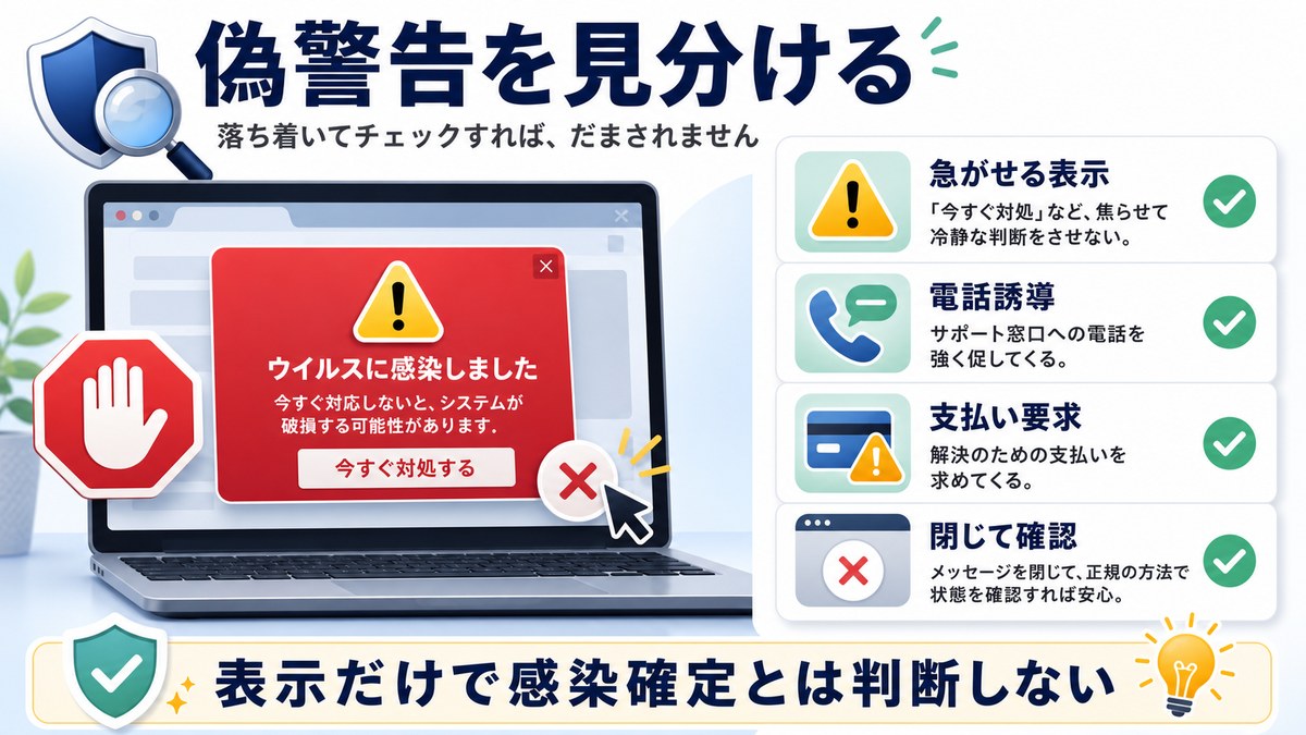 偽警告を見分けるため急がせる表示電話誘導支払い要求閉じて確認を整理した図解