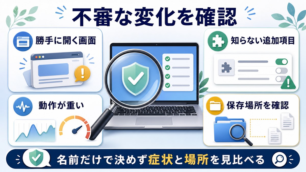 不審な変化を確認するため勝手に開く画面知らない追加項目動作が重い保存場所を確認する図解