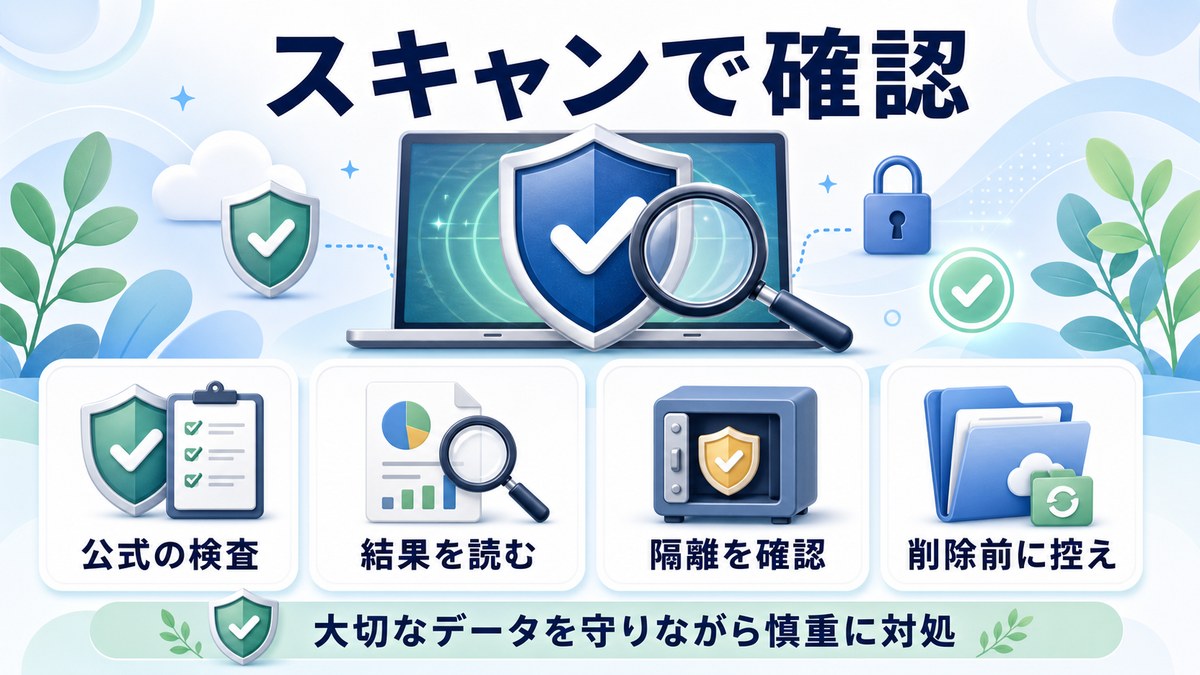 スキャンで確認するため公式の検査結果を読む隔離を確認削除前に控えを整理した図解