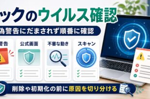 マックのウイルス確認で偽警告公式画面不審な動きスキャンを順番に確認するアイキャッチ