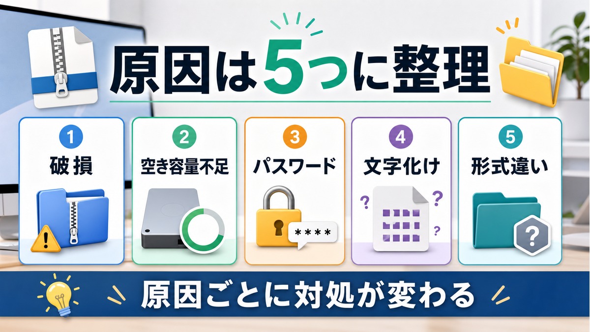 圧縮ファイルが解凍できない原因を破損と容量不足とパスワードと文字化けと形式違いに分けた図解