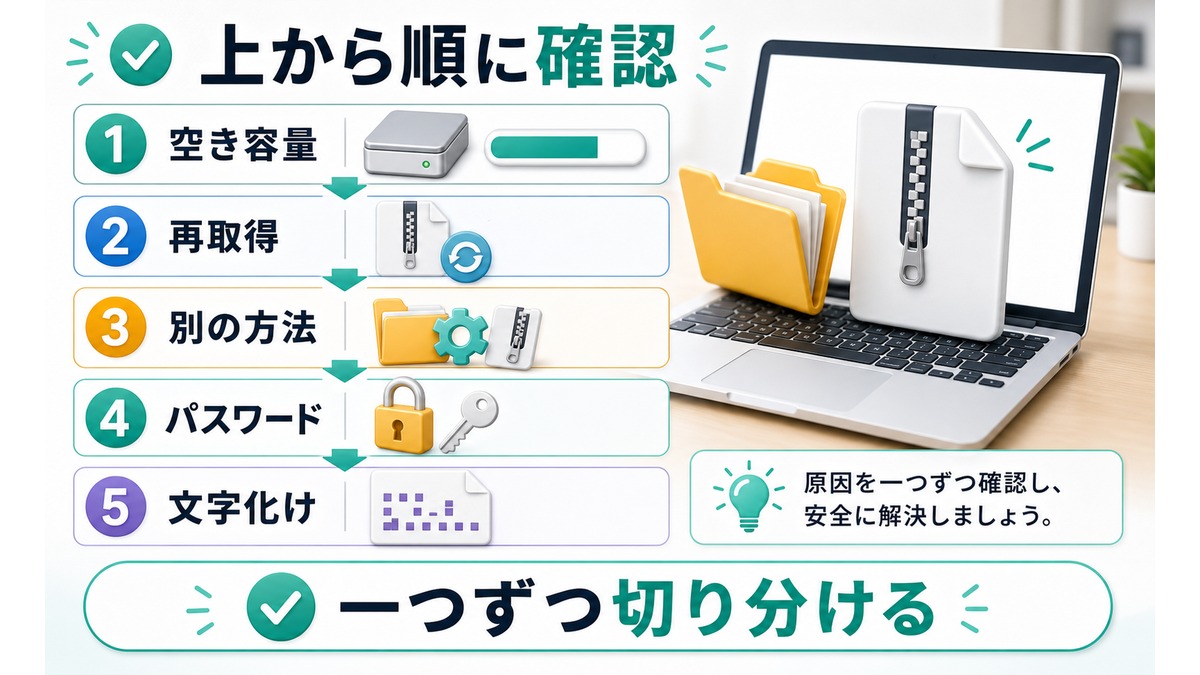 空き容量から再取得と別の方法とパスワードと文字化け確認へ進む順序を示す図解