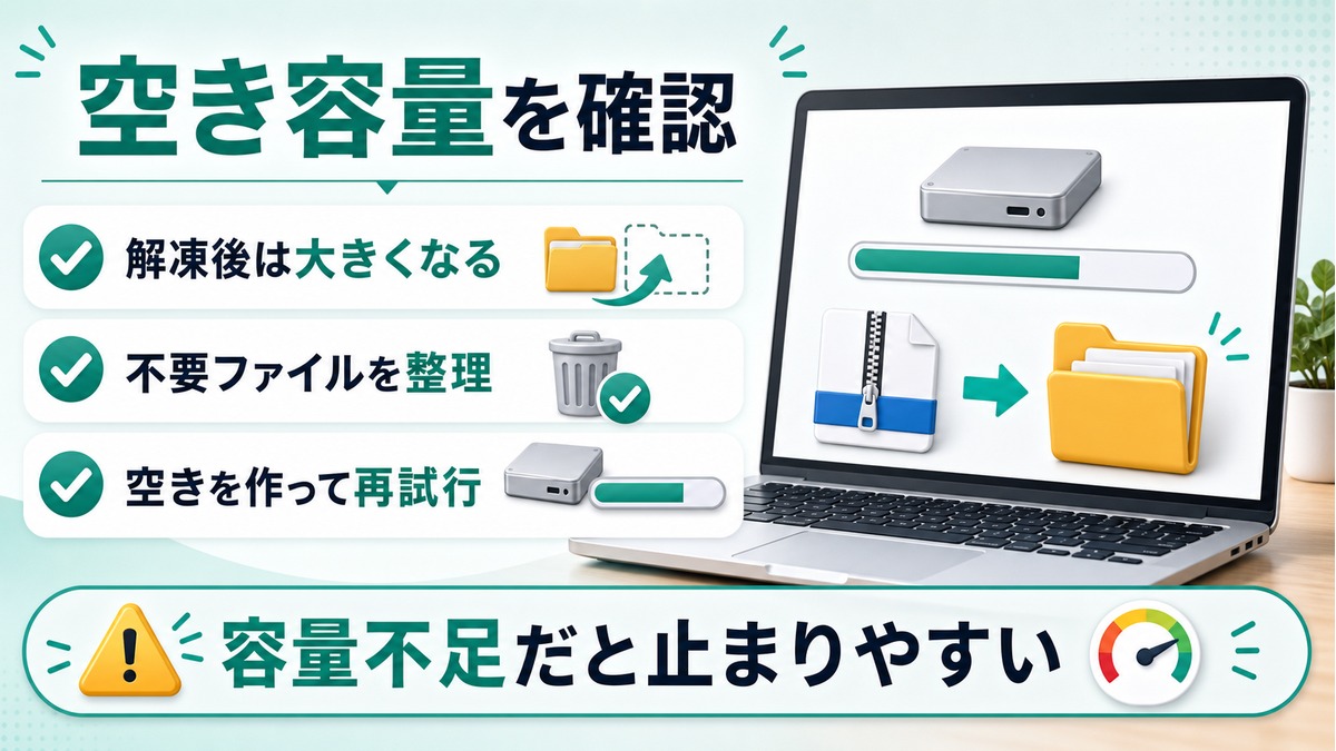 圧縮ファイルの解凍後は容量が大きくなるため不要ファイルを整理して再試行する図解