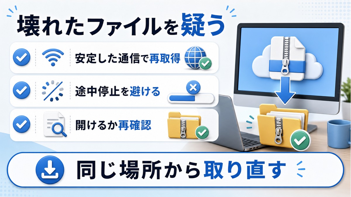 圧縮ファイルが壊れている可能性がある時に安定した通信で再取得して開けるか確認する図解