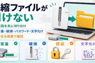 圧縮ファイルが開けない時に容量と破損と認証と文字化けを順番に確認する図解