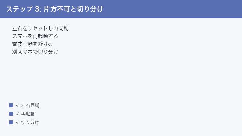 ステップ 3: 片方不可と切り分け — 左右をリセットし再同期・スマホを再起動する・電波干渉を避ける