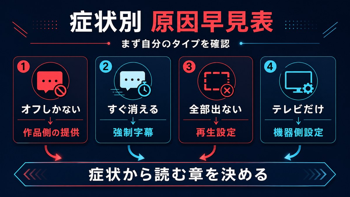 字幕がオフしかない、すぐ消える、全部出ない、テレビだけ出ない症状別に原因を整理した図解