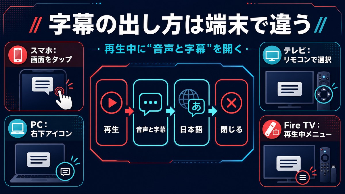 スマホ、パソコン、テレビ、Fire TVで再生中に音声と字幕を開き日本語を選ぶ手順の図解