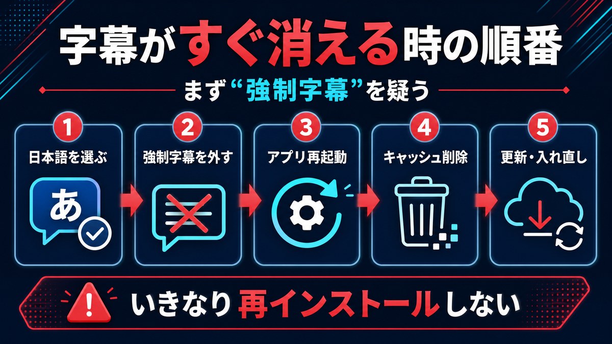 字幕がすぐ消える時に日本語を選び強制字幕を外しアプリ再起動、キャッシュ削除、更新を試す順番の図解