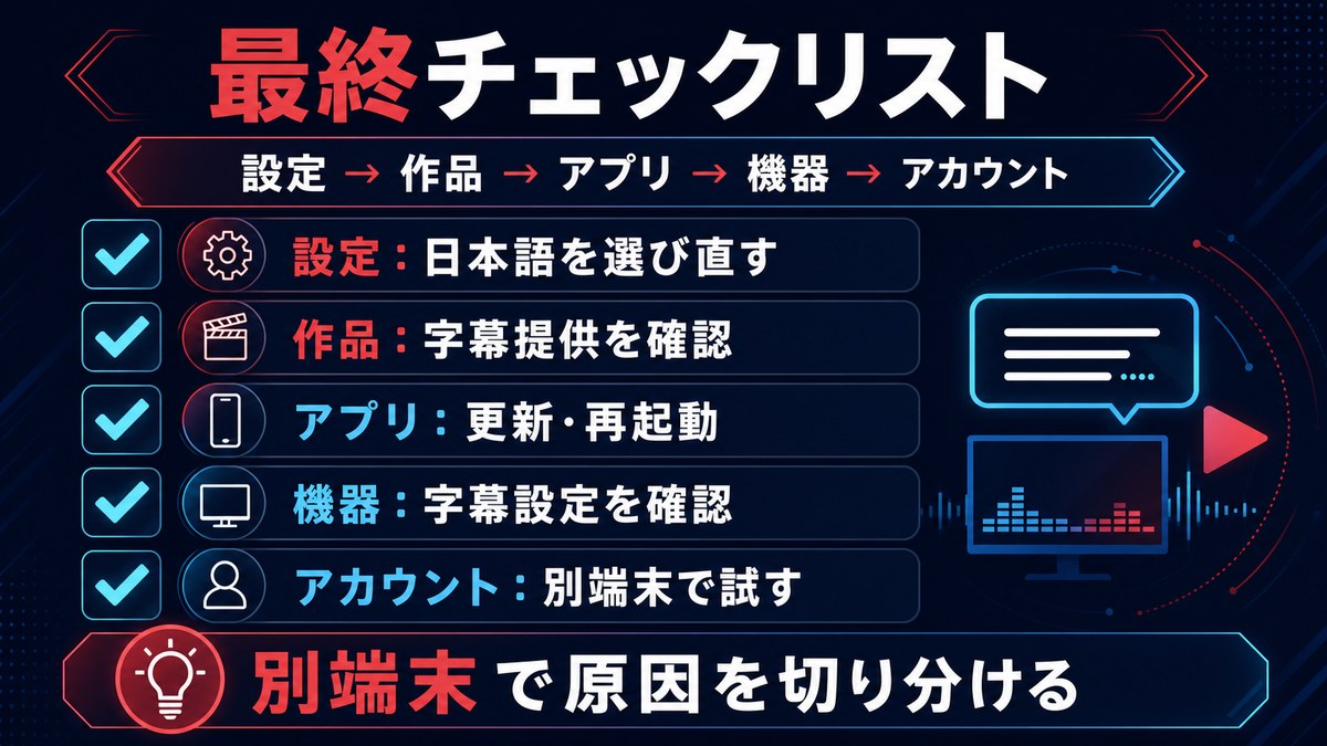 設定、作品、アプリ、機器、アカウントの順に字幕トラブルを切り分ける最終チェックリストの図解
