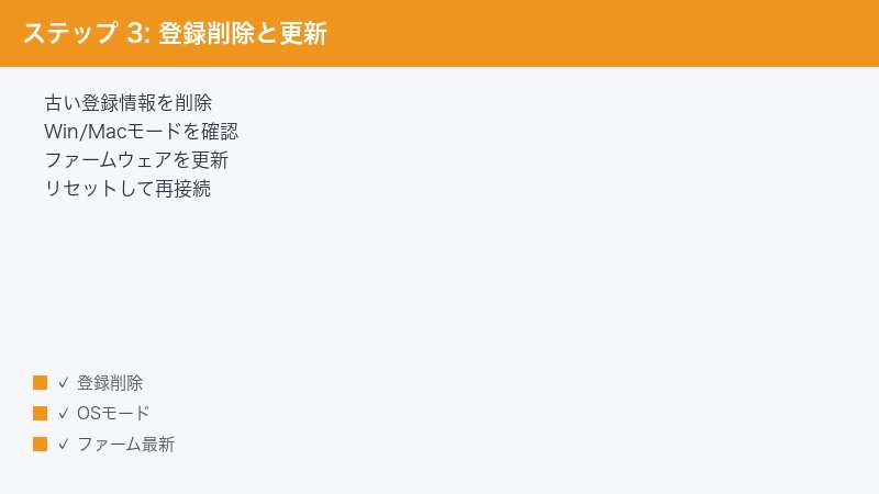 ステップ 3: 登録削除と更新 — 古い登録情報を削除・Win/Macモードを確認・ファームウェアを更新