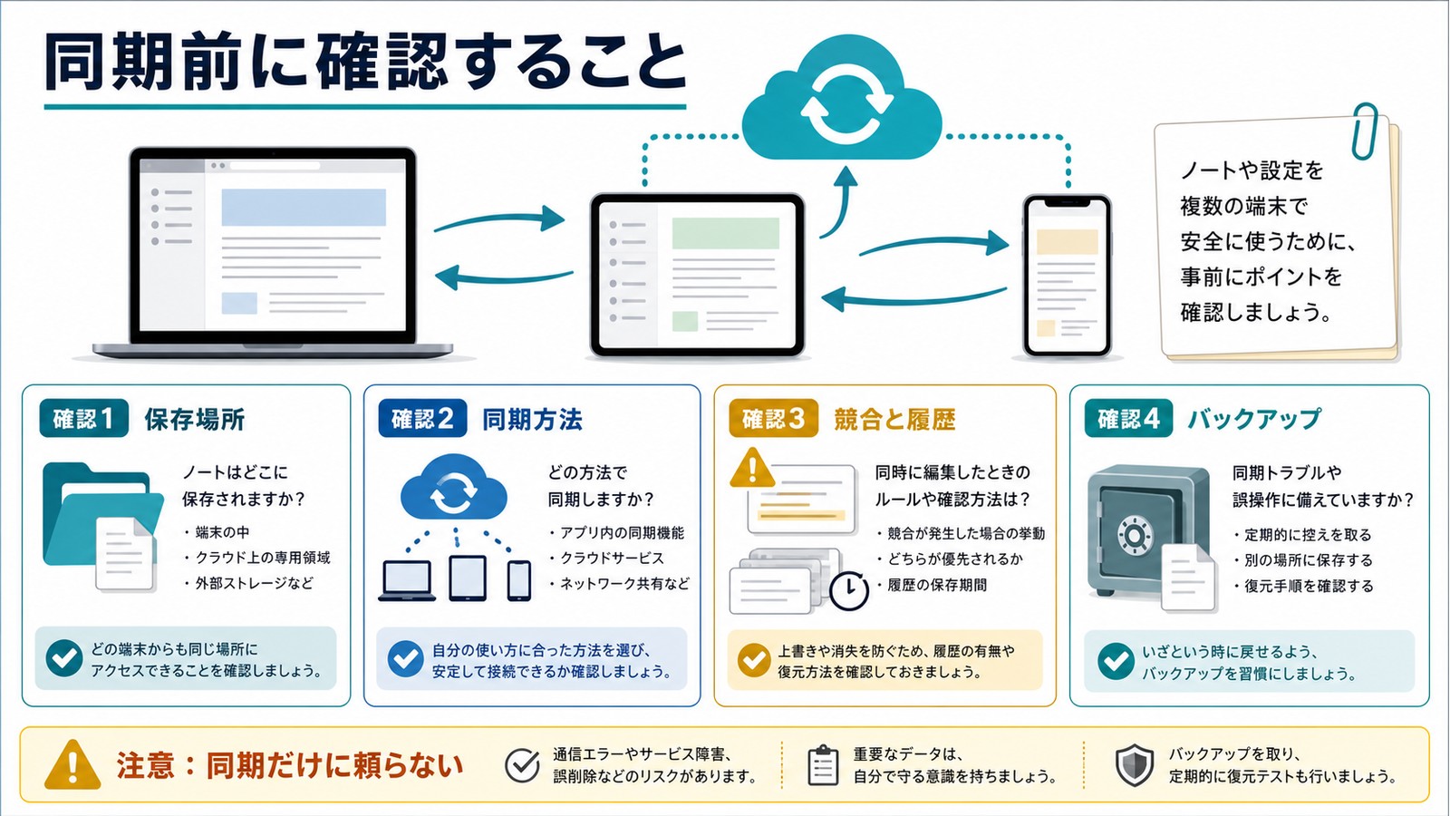 保存場所同期方法競合履歴バックアップを確認して端末間同期する流れを整理した図解