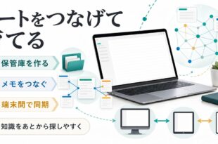 保管庫を作りメモをつなぎ端末間で同期して知識をあとから探しやすくする流れを整理したアイキャッチ
