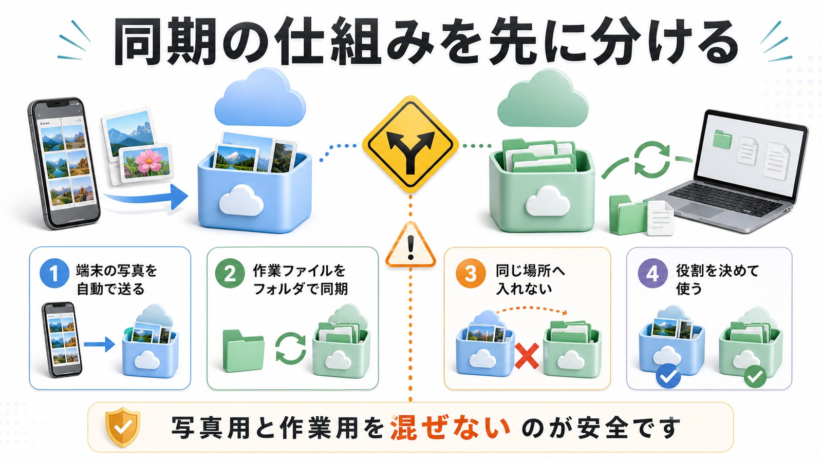 写真自動保存と作業ファイル同期の違いを分けて保存先を決める図解