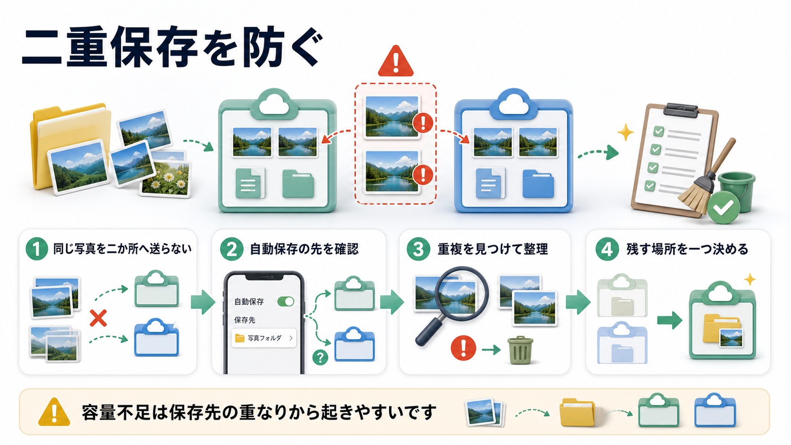 同じ写真やファイルを二か所に保存して容量を使いすぎる流れを整理した図解