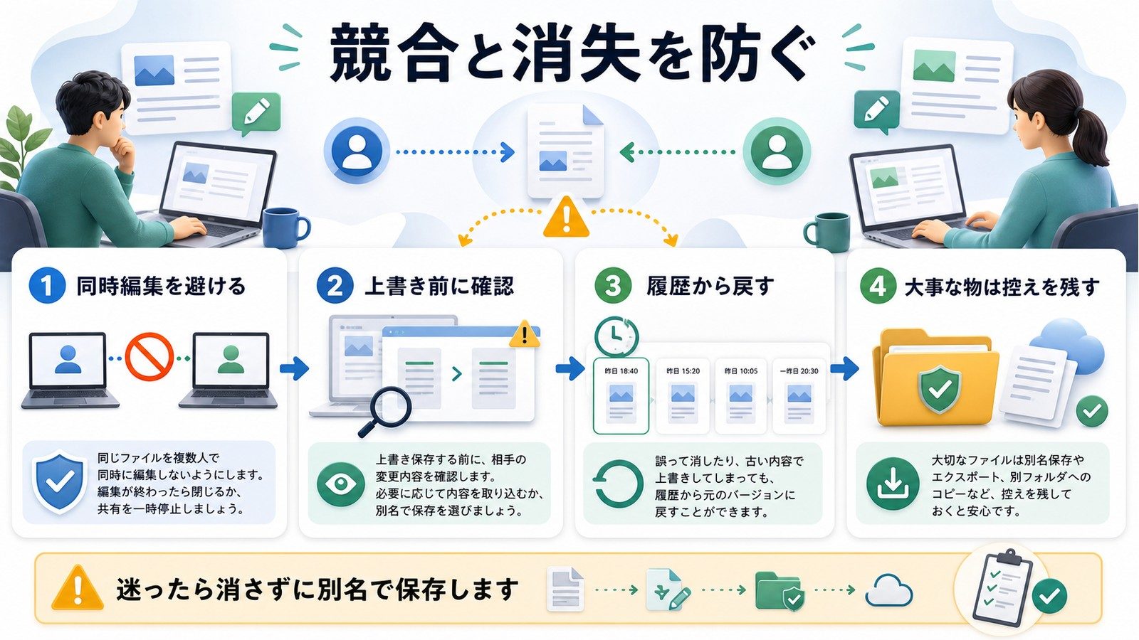 同時編集上書き確認履歴復元控え保存で同期競合とファイル消失を防ぐ図解