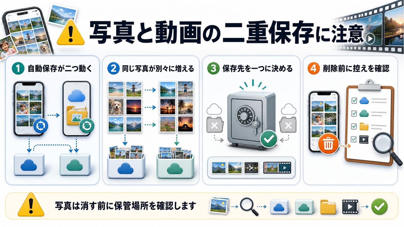写真や動画の自動保存重複保管場所削除前確認を整理した図解