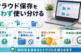 クラウド保存で写真作業ファイル二重保存競合共有前確認を整理したアイキャッチ
