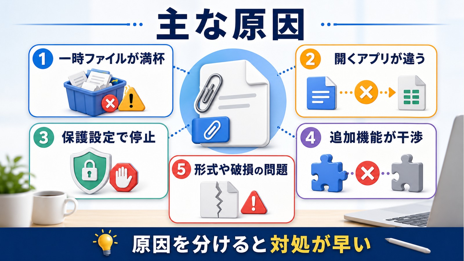 添付ファイルが開けない主な原因を一時ファイル開くアプリ保護設定追加機能形式破損に分ける図解