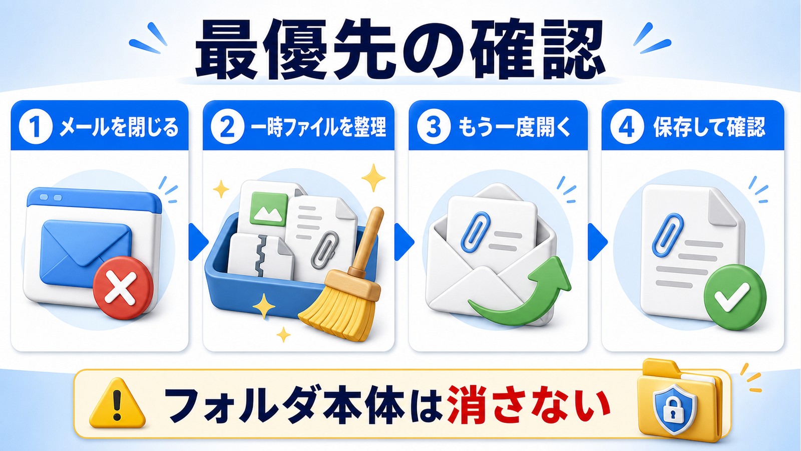 メールを閉じて一時ファイルを整理しもう一度開き保存して確認する流れの図解