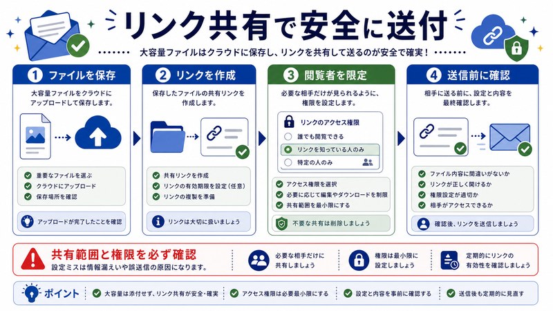 ファイル保存、リンク作成、閲覧者限定、送信前確認を整理した日本語図解