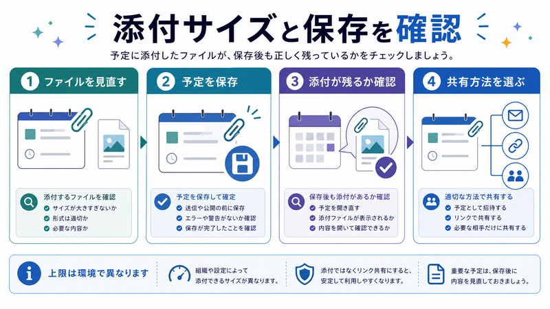 ファイル見直し、予定保存、添付確認、共有方法選択を整理した日本語図解