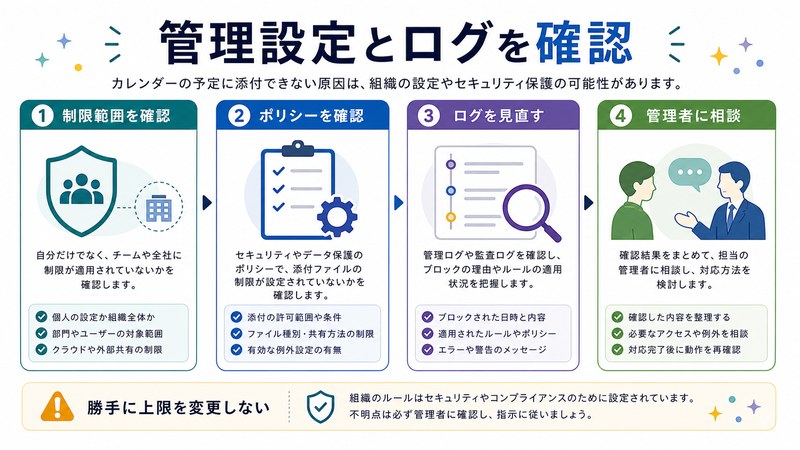 制限範囲確認、ポリシー確認、ログ見直し、管理者相談を整理した日本語図解