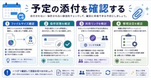 ファイルサイズ確認、保存状態確認、共有リンク検討、管理設定確認を整理した日本語アイキャッチ画像