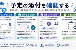 ファイルサイズ確認、保存状態確認、共有リンク検討、管理設定確認を整理した日本語アイキャッチ画像