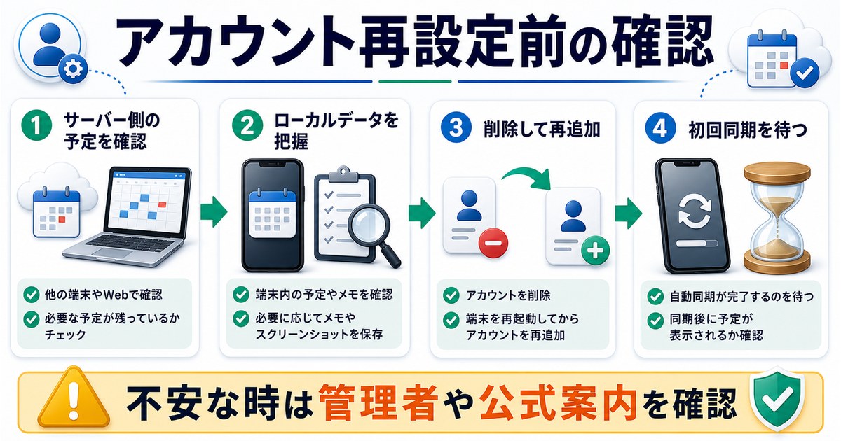 サーバー側の予定確認、ローカルデータ把握、削除して再追加、初回同期待ちを示した図