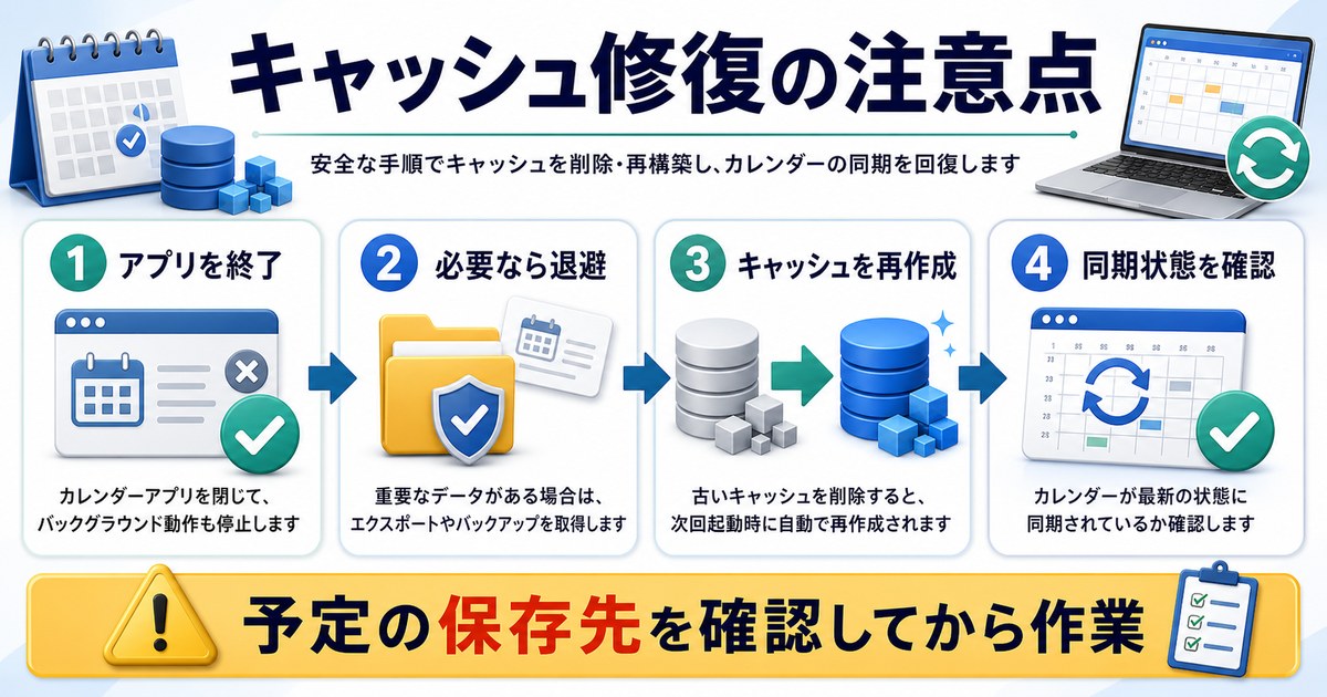 アプリ終了、必要データ退避、キャッシュ再作成、同期状態確認の流れを示した図