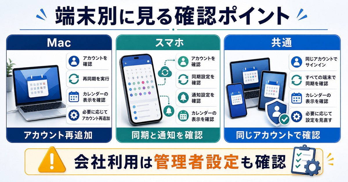 Mac、スマホ、共通アカウントの確認ポイントと会社利用時の管理者設定確認を示した図
