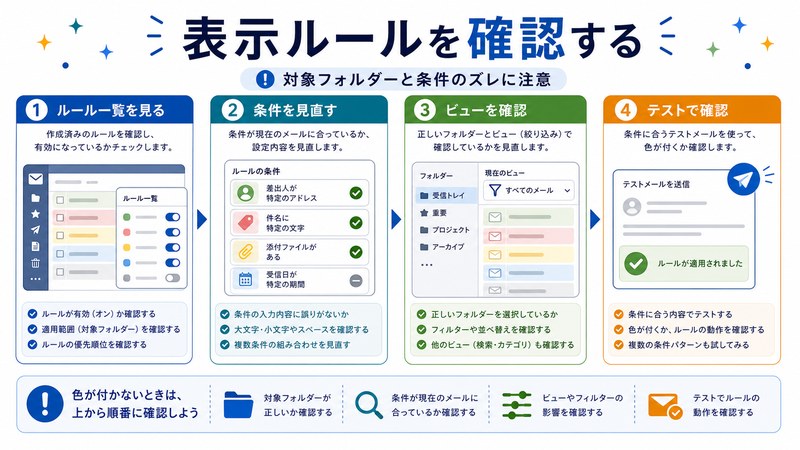 ルール一覧確認、条件見直し、ビュー確認、テスト確認を整理した日本語図解