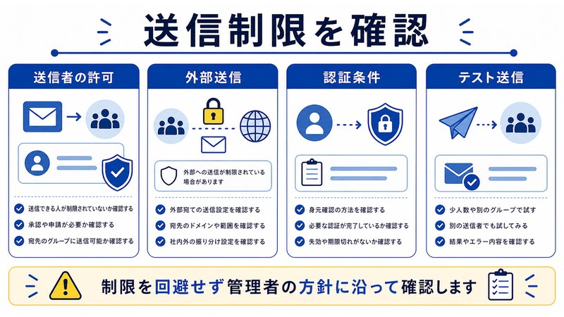 送信者の許可、外部送信、認証条件、テスト送信を整理した日本語図解