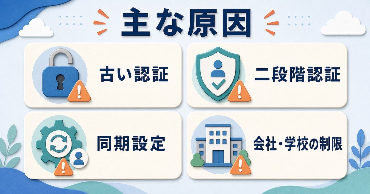 OutlookにGmailを追加できない主な原因として古い認証二段階認証同期設定会社学校の制限を切り分ける図解