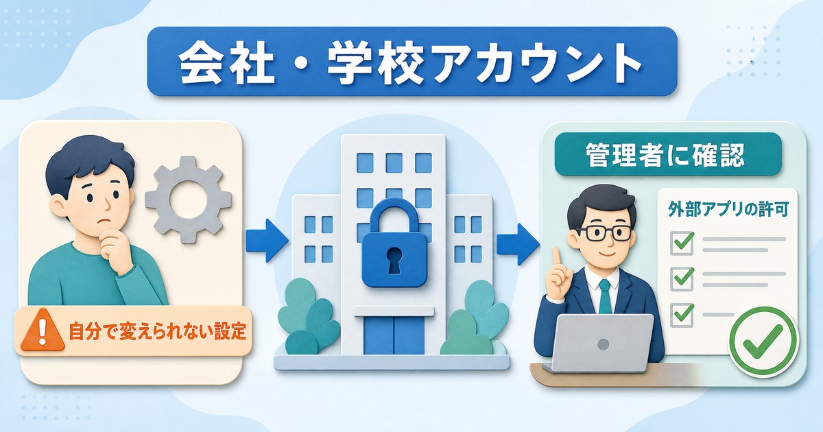 会社学校アカウントでは自分で変えられない設定や外部アプリ許可を管理者に確認する必要があることを示す図解