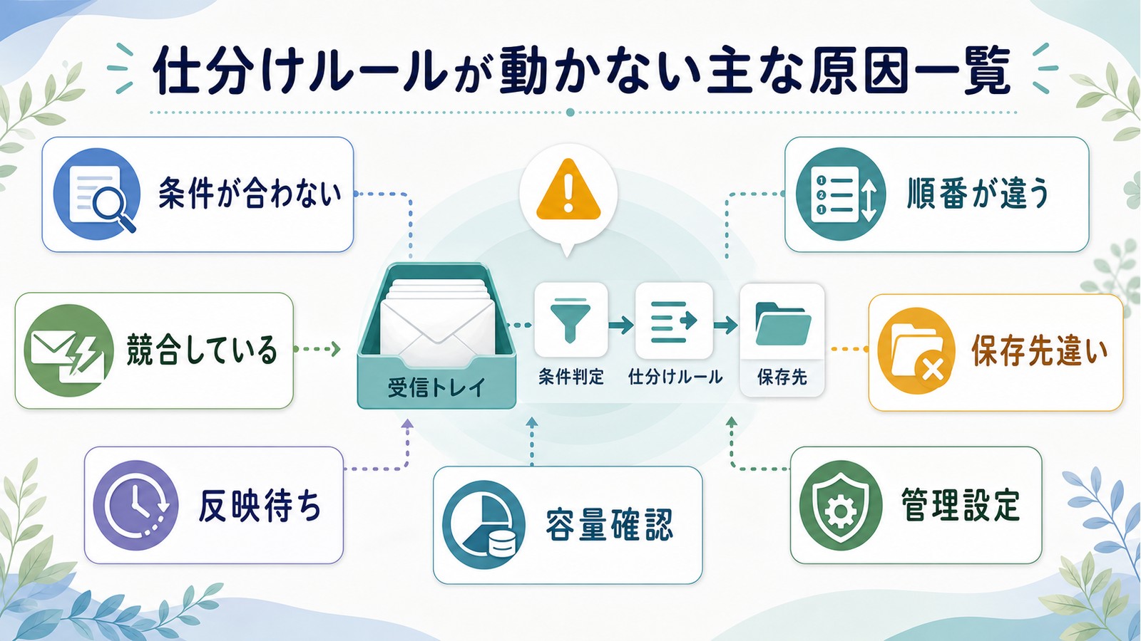 Outlook仕分けルールが動かない原因として条件不一致順番違い競合保存先違い反映待ち容量確認管理設定を整理した図解