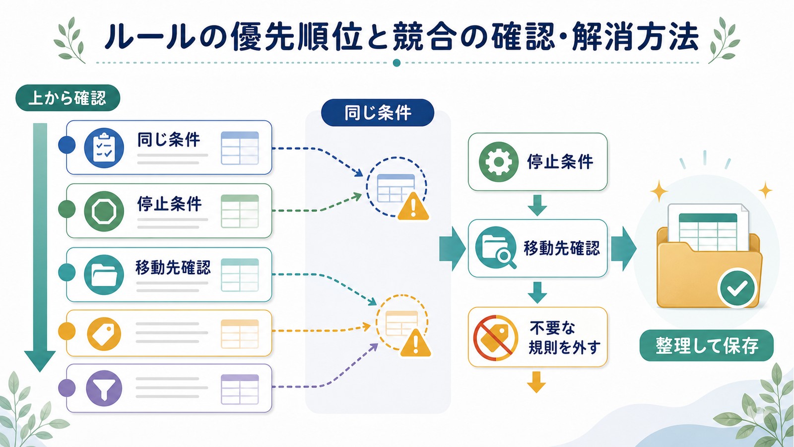 Outlook仕分けルールの優先順位と競合を上から確認同じ条件停止条件移動先確認不要な規則整理で見直す図解