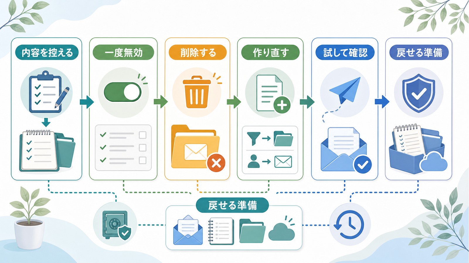 Outlook既存ルールを内容控え一度無効削除作り直し試して確認戻せる準備の順に修復する図解