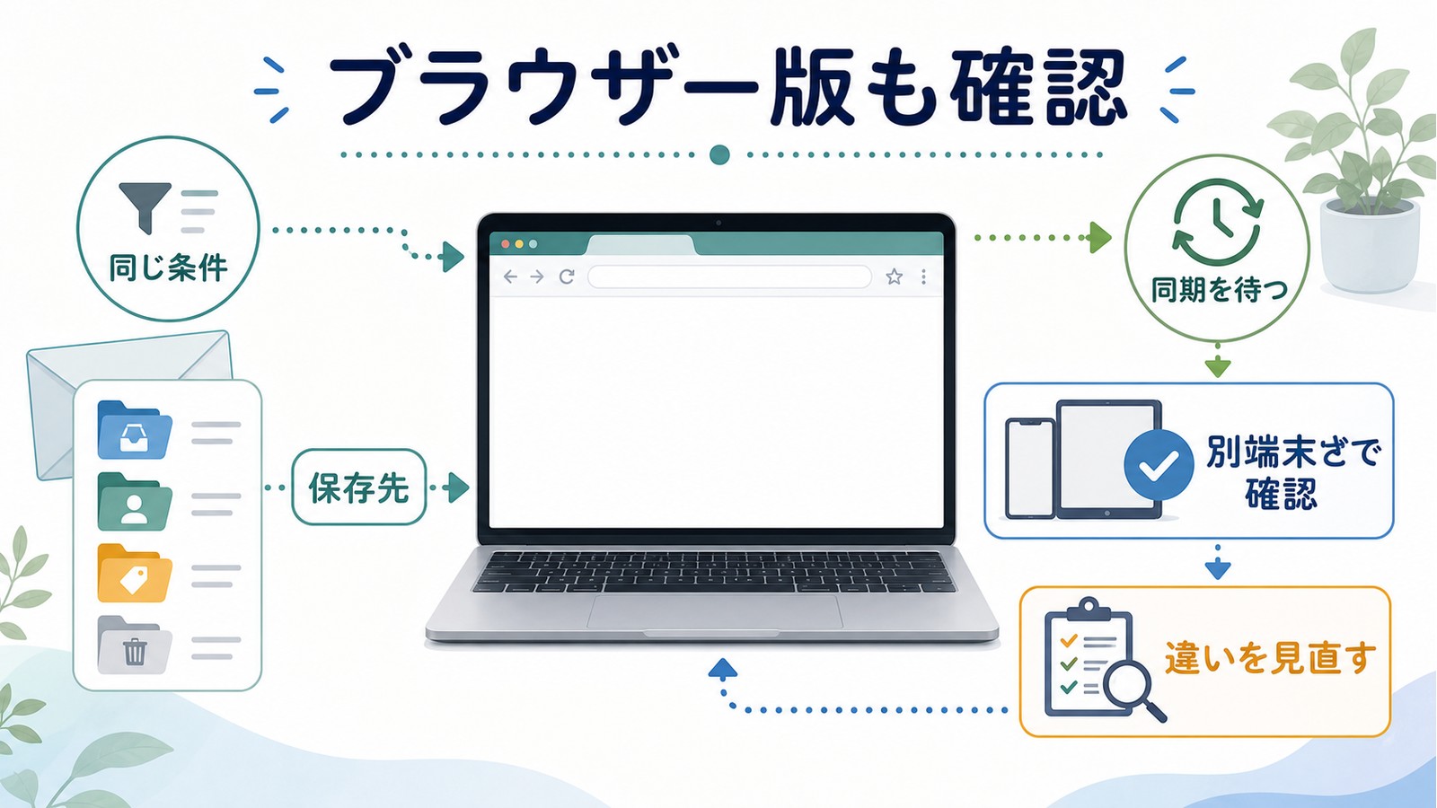 Outlook.comのWeb版でも同じ条件保存先同期待ち別端末確認違いの見直しを行う図解